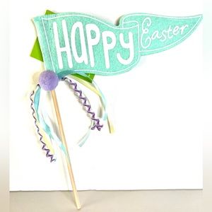 Happy Easter Light Blue Felt Wand Flag Lilac Pompom Pastel Ribbons Basket Decor